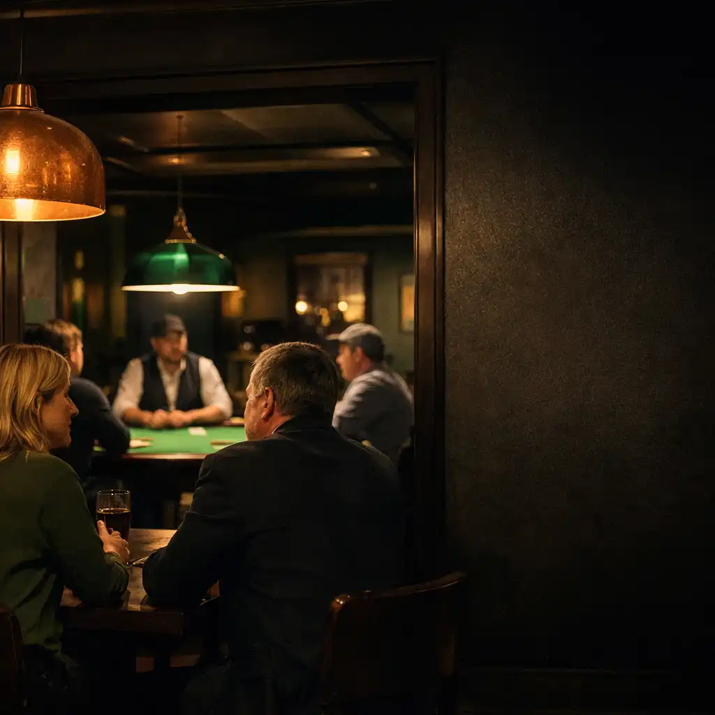 Guests in a dining setting with a green-felt poker table visible in the background