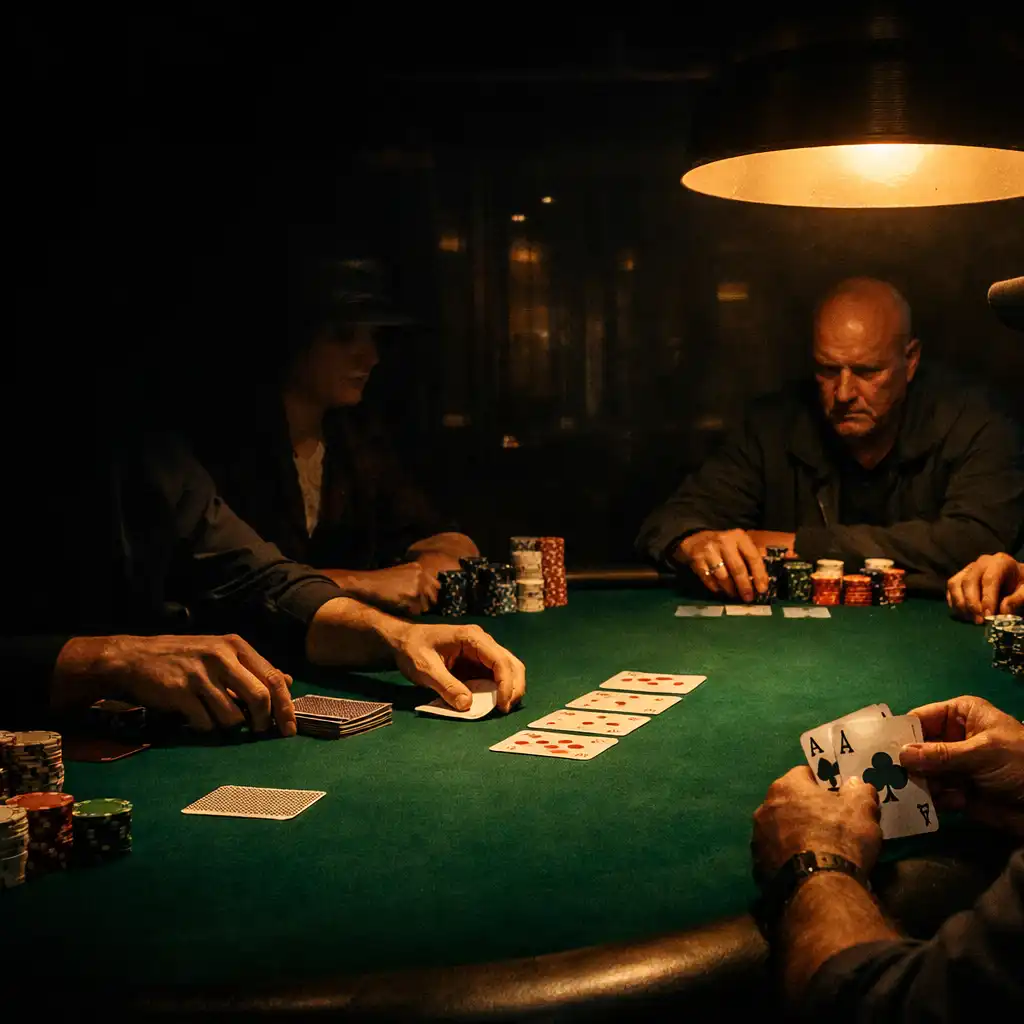 Dealer hands, cards and players around a green-felt poker table in the Card Lounge
