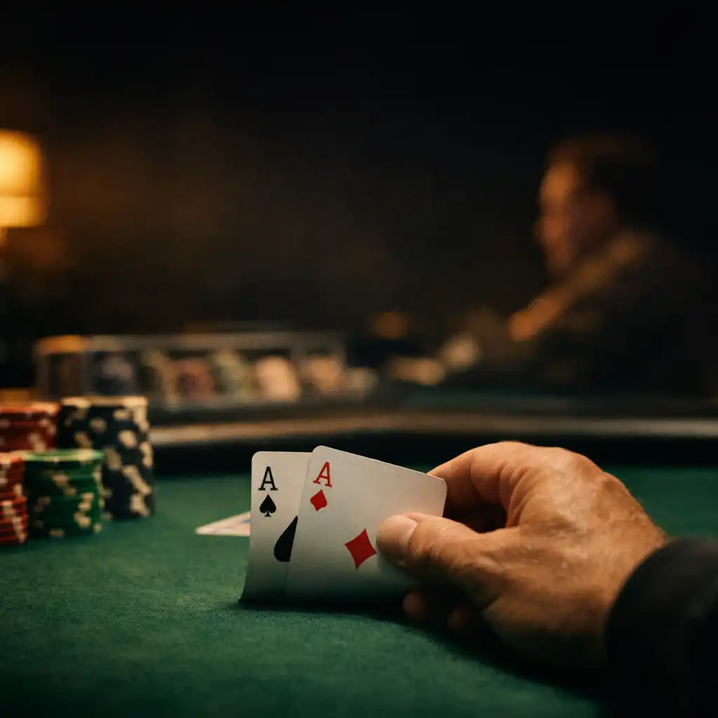 Hands holding playing cards over green felt with chips beside a poker table