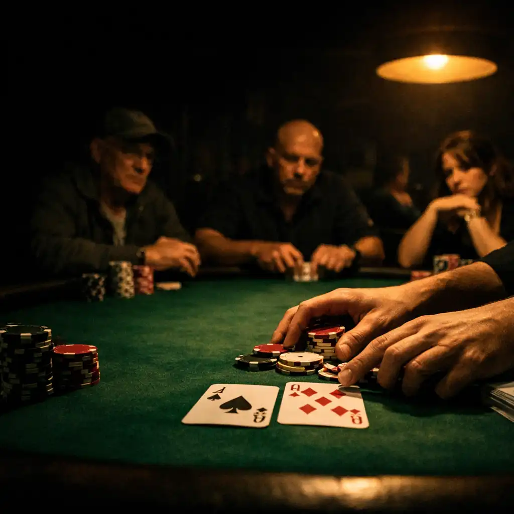 Dealer hands arranging cards and chips at a professional green felt poker table