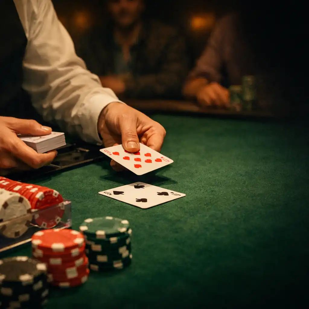 Dealer dealing real playing cards across a green felt poker table