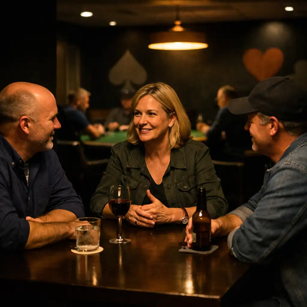 Three adult guests talking around a dark dining table with green felt card-lounge details in the background.