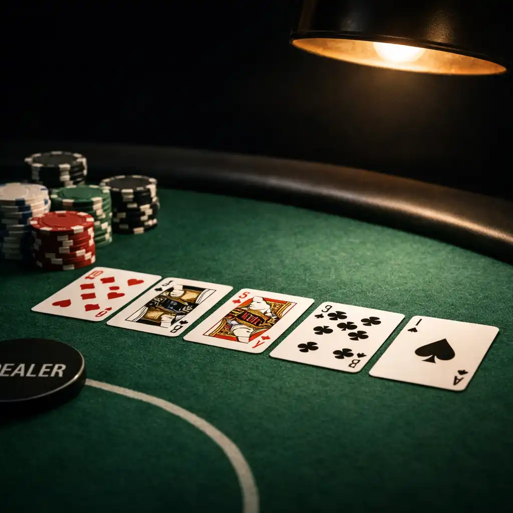Green felt poker table with playing cards and organised poker chips
