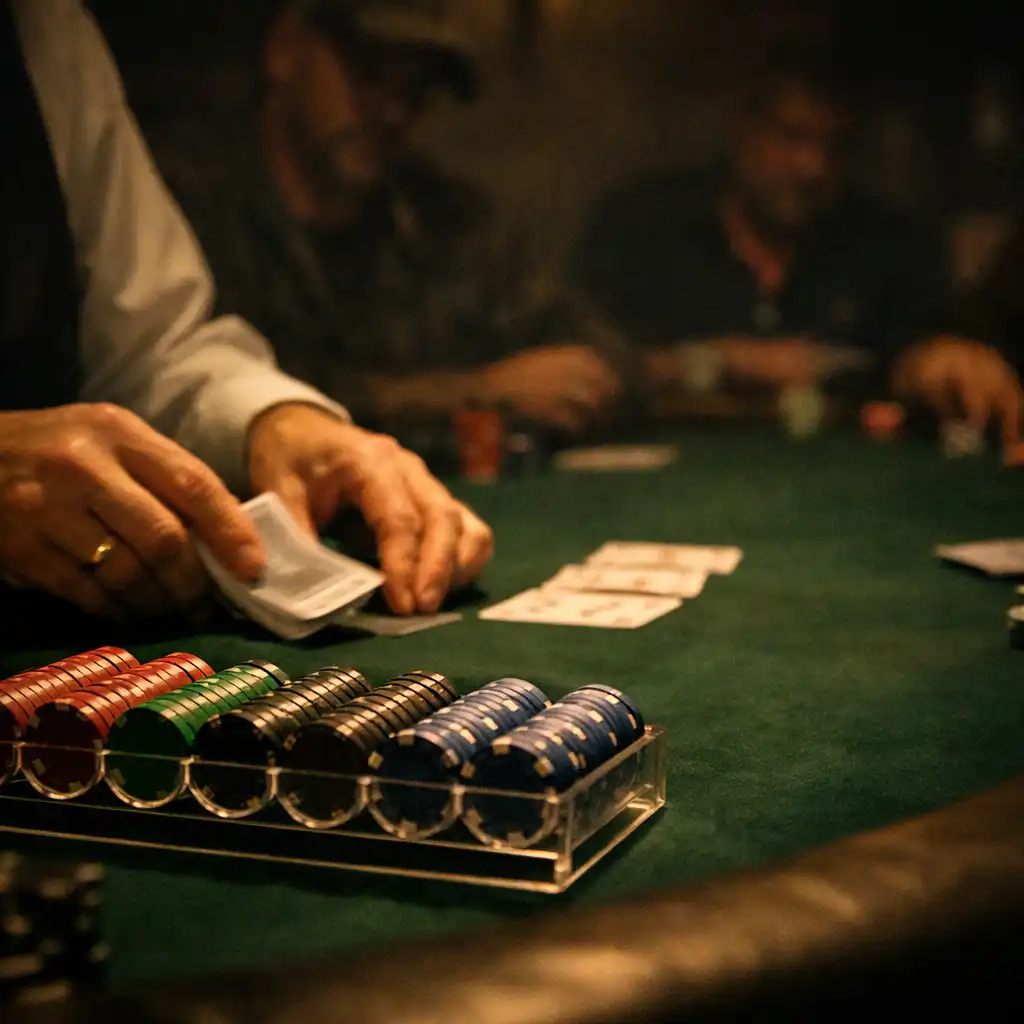 Dealer hands beside a chip rack during live poker action