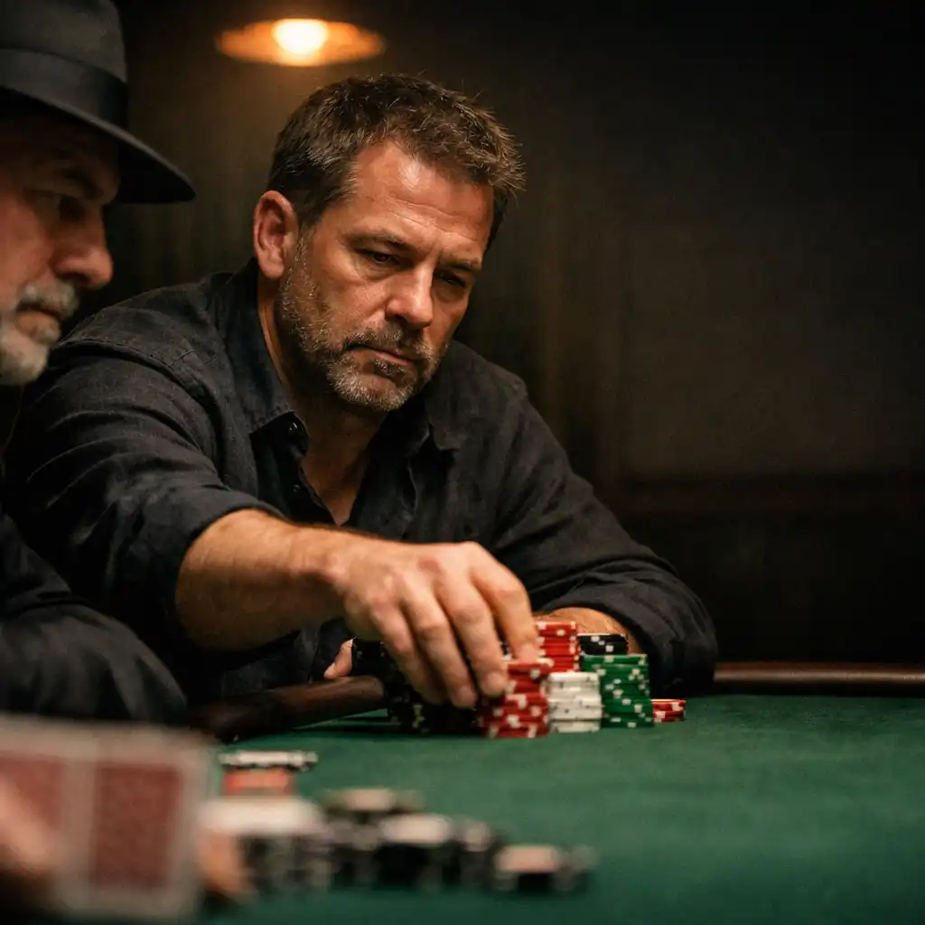 Two adult poker players facing one another at a green-felt table