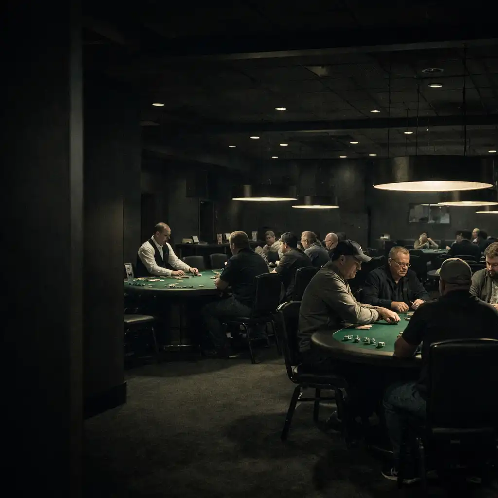 Professional poker room with green-felt tables and adult players