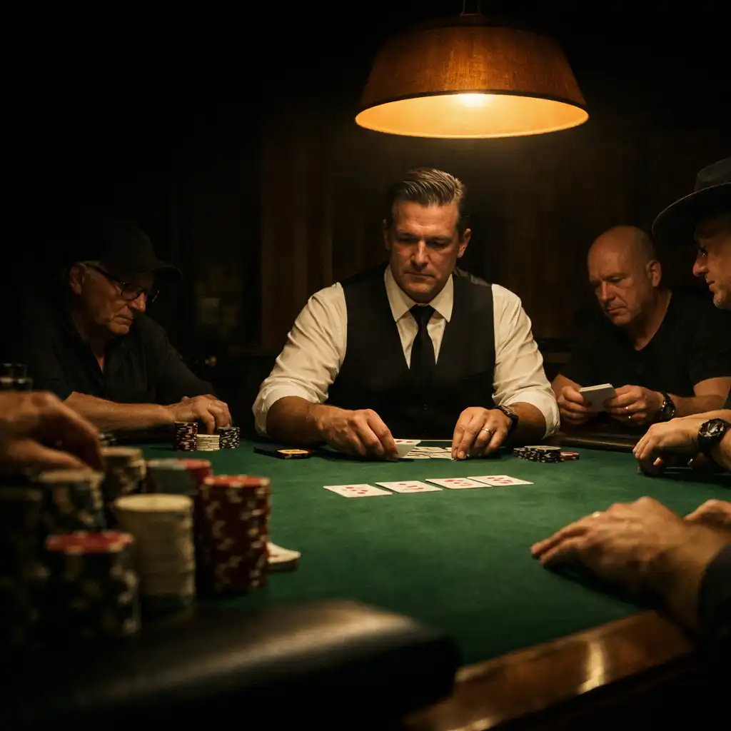 Live dealer and players seated around a green felt poker table at Poker Hub Dubbo after dark