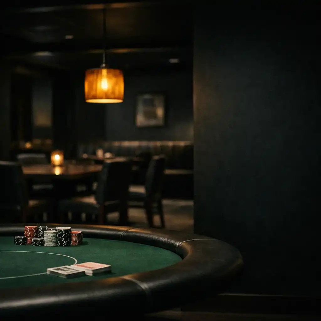 Refined card lounge with a green felt poker table edge and warm pendant light