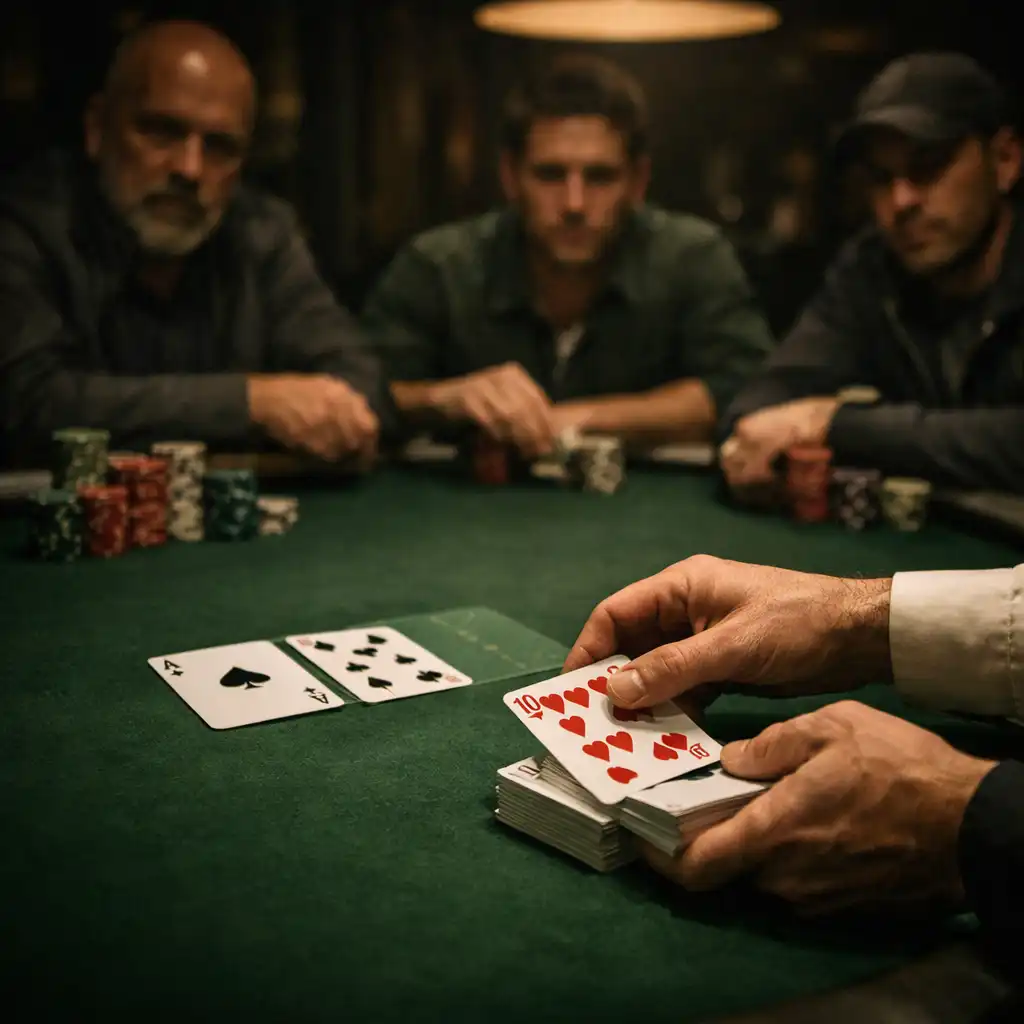 Dealer hands managing cards and chips during a live poker hand on green felt