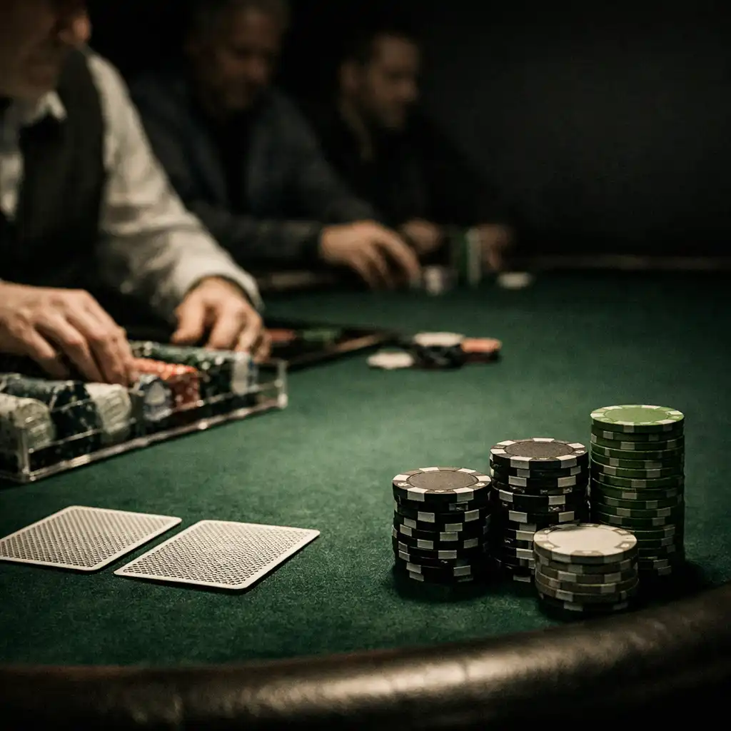 Dealer hands, cards and chip stacks during live poker action at a green felt table