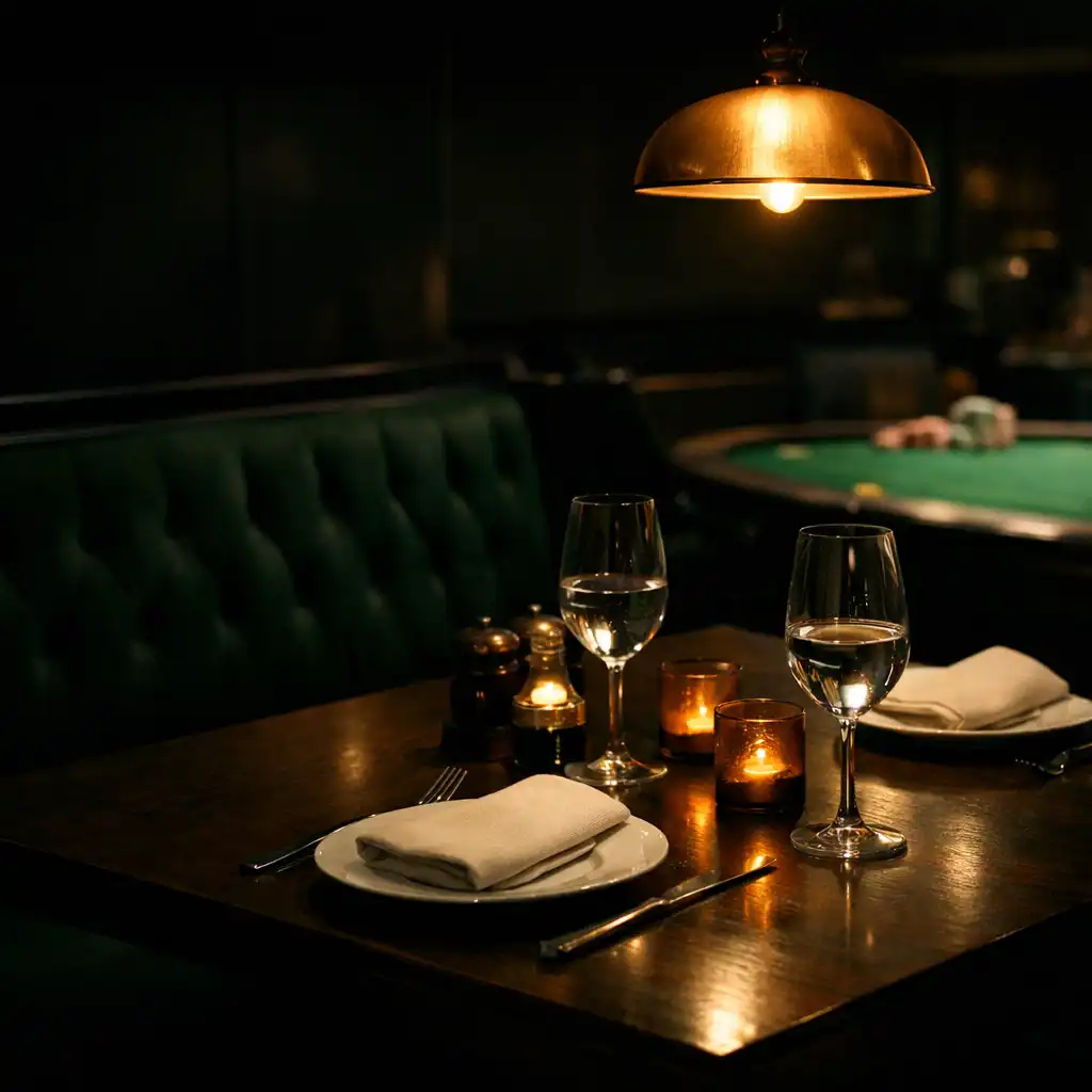 Warmly lit dining table in the Poker Hub Dubbo card lounge setting
