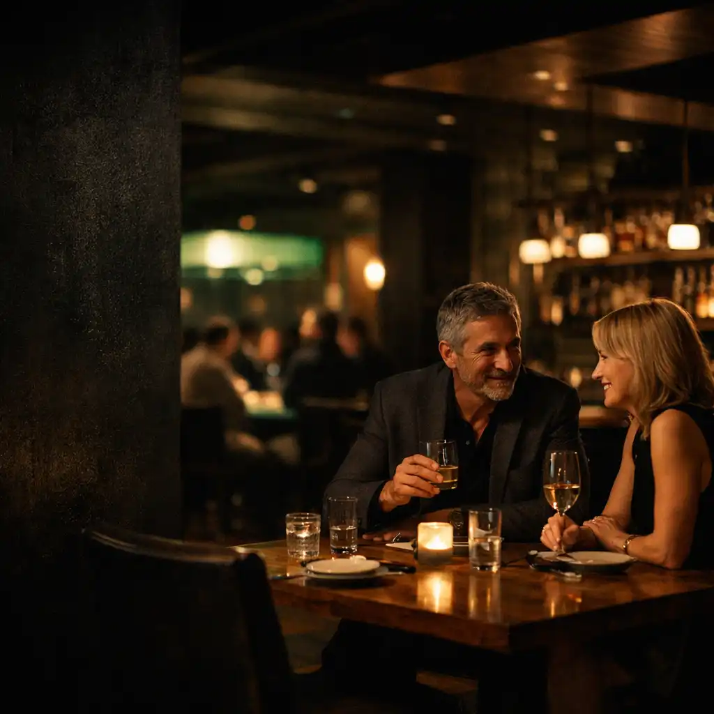 Guests seated at a warmly lit restaurant table before poker