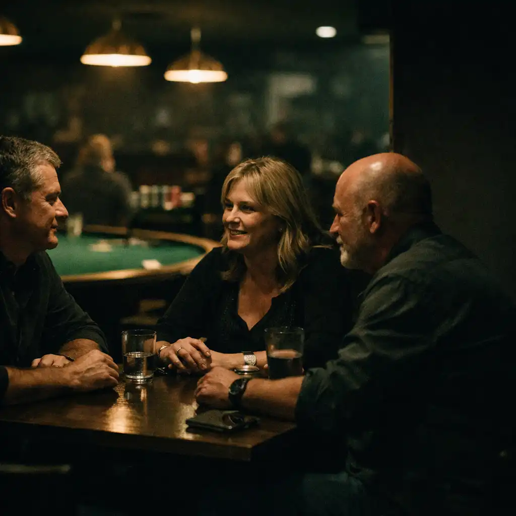 Adult diners in conversation at a dark restaurant table with green felt card-room atmosphere behind them.